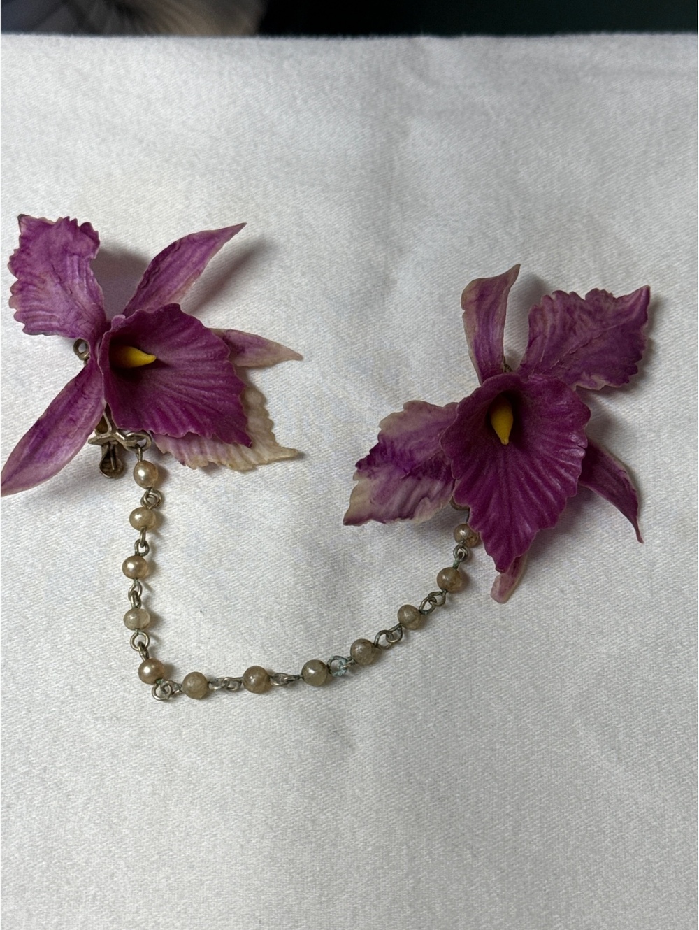 Vintage Purple Orchid Floral Sweater clip with Pearl Chain